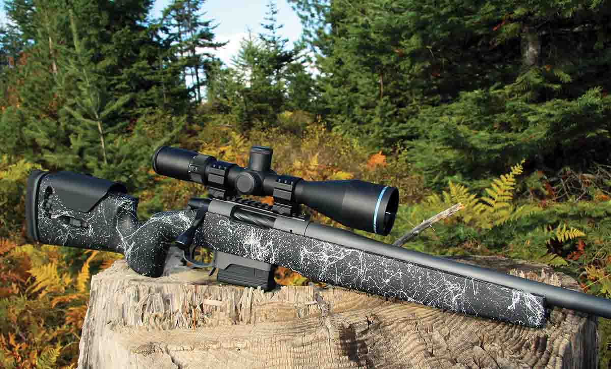 The completed rifle was created by a Terminus Actions Apollo receiver, Benchmark Barrels barrel, Pacific Tool & Die bottom metal, Timney Triggers HIT trigger and a Pendleton Composite Stocks T-11 handle.